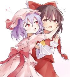 Rule 34 | 2girls, ar (maeus), ascot, blue hair, blush, bow, brown hair, commentary request, detached sleeves, fang, frilled bow, frills, hair bow, hakurei reimu, hat, hat ribbon, heart, hug, long hair, medium hair, mob cap, multiple girls, open mouth, pink hat, red bow, red eyes, red skirt, remilia scarlet, ribbon, ribbon-trimmed sleeves, ribbon trim, skin fang, skirt, skirt set, smile, sweatdrop, touhou, waist bow, yellow ascot, yuri