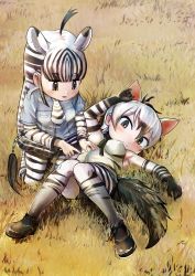 Rule 34 | 2girls, aardwolf (kemono friends), aardwolf print, ahoge, animal ears, animal print, arm rest, arm up, armpits, bare shoulders, black hair, black shorts, blue shirt, blunt bangs, blush, bodystocking, brown eyes, chibi, closed mouth, commentary request, counting, day, elbow gloves, extra ears, fuji takanasu, full body, furrowed brow, gloves, grass, hair between eyes, hand on another&#039;s stomach, highres, kemono friends, kneeling, knees together feet apart, knees up, layered sleeves, long hair, long sleeves, looking at another, lying, microskirt, multicolored hair, multiple girls, on back, on grass, on ground, open mouth, outdoors, pantyhose, pantyhose under shorts, plains zebra (kemono friends), pleated skirt, print gloves, print legwear, print shirt, print skirt, savannah, shirt, shoes, short over long sleeves, short sleeves, shorts, sidelocks, skirt, sleeveless, sleeveless shirt, streaked hair, striped clothes, striped legwear, striped neckwear, striped shirt, striped sleeves, tail, two-tone hair, white hair, zebra ears, zebra girl, zebra print, zebra tail
