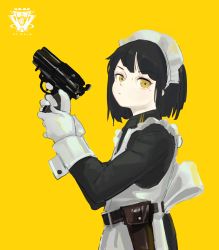 Rule 34 | 1girl, absurdres, apron, black dress, closed mouth, dress, finger on trigger, flare gun, gloves, gun, handgun, highres, holding, holding gun, holding weapon, holster, looking at viewer, maid, maid headdress, mole, mole under eye, original, pale skin, polilla, simple background, solo, two-handed, weapon, white apron, white gloves, yellow background, yellow eyes