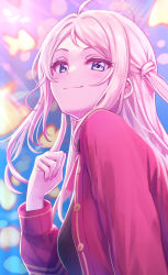 Rule 34 | 1girl, ahoge, closed mouth, commentary request, deadnooodles, from side, hand up, highres, index finger raised, long fingers, long hair, long sleeves, looking at viewer, love live!, love live! nijigasaki high school idol club, mole, mole under eye, pink hair, purple eyes, smile, solo, zhong lanzhu