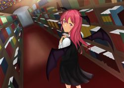 Rule 34 | 1girl, arch, black skirt, black vest, book, bookshelf, closed mouth, commentary request, demon wings, feet out of frame, fingernails, floor, hair between eyes, head wings, holding, holding book, indoors, koakuma, library, long hair, long sleeves, looking at viewer, looking back, perspective, red eyes, red hair, shirt, skirt, solo, standing, the key, touhou, vanishing point, vest, white shirt, wings