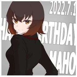 Rule 34 | 1girl, absurdres, birthday, black jacket, brown eyes, brown hair, character name, closed mouth, commentary, dated, english text, from side, girls und panzer, grey background, happy birthday, highres, jacket, kuromorimine military uniform, long sleeves, looking at viewer, looking back, military uniform, nishizumi maho, oritako, short hair, smile, solo, text background, uniform