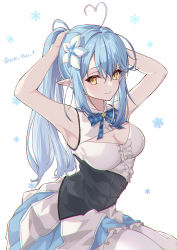 Rule 34 | 1girl, ahoge, armpits, arms behind head, blue bow, blue hair, blush, bow, bowtie, breasts, collared dress, dress, elf, flower, hair between eyes, hair flower, hair ornament, heart, heart ahoge, highres, hololive, large breasts, long hair, looking at viewer, looking to the side, pointy ears, ponytail, simple background, smile, virtual youtuber, white legwear, yellow eyes, yukihana lamy, yuto (yuto illust 7)