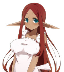 Rule 34 | 1girl, apron, bare shoulders, blue eyes, blush, collarbone, dark-skinned female, dark skin, elf, long hair, long pointy ears, looking at viewer, maid-chan (maze), maze (gochama ze gohan), naked apron, original, pointy ears, red hair, simple background, smile, solo, white background