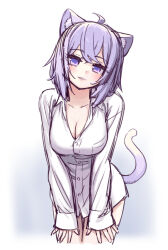 Rule 34 | 1girl, ahoge, animal ear fluff, animal ears, blush, breasts, cat ears, cat girl, cat tail, cleavage, cowboy shot, cropped legs, dot nose, head tilt, hololive, large breasts, leaning forward, long sleeves, looking at viewer, naked shirt, nekomata okayu, nekomata okayu (oversized shirt), parted lips, purple eyes, purple hair, sabaku chitai, shirt, sketch, sleeves past wrists, smile, solo, standing, tail, tail raised, two-tone background, virtual youtuber