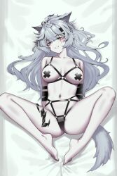 Rule 34 | 1girl, :d, animal ears, arknights, arms behind back, bare legs, barefoot, bed sheet, black panties, blush, breasts, collarbone, full body, grey eyes, grey hair, grin, harness, highres, lappland (arknights), large breasts, long hair, looking back, lying, material growth, navel, on back, on bed, open mouth, oripathy lesion (arknights), panties, parted lips, pasties, scar, scar across eye, scar on face, siguya, smile, solo, spread legs, tail, topless, underwear, very long hair, wolf ears, wolf girl, wolf tail