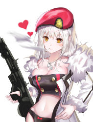 Rule 34 | 1girl, bad id, bad pixiv id, blush, breasts, cigarette, cleavage, dog tags, gun, heart, holding, holding gun, holding weapon, large breasts, long hair, looking at viewer, navel, original, silver hair, smile, smoking, solo, u.d, upper body, weapon, yellow eyes
