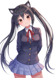 Rule 34 | 1girl, :3, animal ears, arms behind back, bad id, bad pixiv id, black hair, black jacket, blush, brown eyes, cat ears, collared shirt, commentary request, contrapposto, cowboy shot, highres, jacket, k-on!, long hair, long sleeves, looking at viewer, miniskirt, nakano azusa, neck ribbon, pleated skirt, red ribbon, ribbon, school uniform, seungju lee, shirt, simple background, skirt, smile, solo, twintails, white background, white shirt