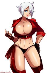 Rule 34 | 1girl, :p, alternate color, angel (kof), black panties, blue eyes, breasts, chaps, cleavage, cropped jacket, d-ryuu, fingerless gloves, gloves, hair over one eye, hand on own hip, huge breasts, midriff, panties, player 2, short hair, silver hair, solo, the king of fighters, the king of fighters xiv, toned, tongue, tongue out, underwear