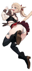 Rule 34 | 1girl, accio, animal ears, ass, bag, black footwear, blonde hair, blush, cat ears, cat tail, facial mark, fang, final fantasy, final fantasy xiv, highres, looking at viewer, miniskirt, miqo&#039;te, open mouth, panties, pleated skirt, red skirt, shoulder bag, skirt, sleeveless, solo, stiff tail, surprised, tail, thighhighs, underwear, upskirt, warrior of light (ff14), white background, white panties