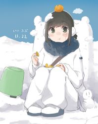 Rule 34 | 1girl, absurdres, black hair, black scarf, blush, bucket, closed mouth, dated, eating, food, fubuki (kancolle), green eyes, highres, holding, holding food, jacket, kantai collection, long sleeves, ma rukan, pants, scarf, short hair, short ponytail, signature, snow, snowman, solo, white jacket, white pants