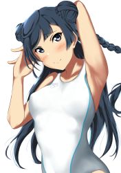 Rule 34 | 1girl, arena (company), armpits, black eyes, black hair, braid, competition swimsuit, cowboy shot, double bun, hair bun, highres, logo, long hair, looking at viewer, love live!, love live! nijigasaki high school idol club, one-piece swimsuit, one side up, presenting armpit, simple background, solo, swimsuit, takahashi (2020tatarou), white background, white one-piece swimsuit, yuki setsuna (love live!)