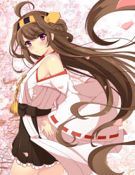 Rule 34 | 10s, 1girl, ahoge, bad id, bad pixiv id, bare shoulders, brown hair, cherry blossoms, detached sleeves, double bun, hair ornament, hairband, highres, japanese clothes, kantai collection, kongou (kancolle), long hair, nontraditional miko, pink eyes, revision, rin ateria, skirt, smile, solo, very long hair