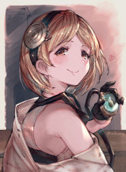 Rule 34 | 1girl, bad id, bad pixiv id, bare shoulders, black gloves, blush, brown eyes, closed mouth, commentary, djeeta (granblue fantasy), doctor (granblue fantasy), english commentary, gloves, granblue fantasy, half gloves, hand up, head mirror, heart, heart-shaped pupils, highres, holding, light brown hair, looking at viewer, looking to the side, milli little, shirt, sleeveless, sleeveless shirt, smile, solo, stethoscope, symbol-shaped pupils, twitter username, upper body, white shirt