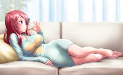 Rule 34 | 10s, 1girl, ahoge, arm support, bare legs, barefoot, blue dress, blue eyes, blush, breasts, chips (food), couch, curtains, dress, feet, fingernails, food, full body, hair ornament, heart, heart print, holding, holding food, indoors, large breasts, long fingernails, long hair, long sleeves, long toenails, lying, minamoto sakura, on couch, on side, pillow, pink hair, sleeves past wrists, solo, toenails, toes, wide hips, wokada, zombie land saga
