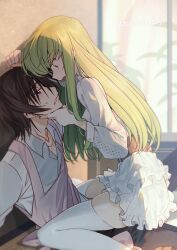Rule 34 | 1boy, 1girl, apron, black hair, c.c., code geass, couple, creayus, face-to-face, frilled skirt, frills, from side, girl on top, green hair, hand on another&#039;s chin, hetero, lelouch vi britannia, long hair, looking at another, looking down, looking up, miniskirt, open mouth, parted lips, pink apron, red eyes, shirt, short hair, sitting, skindentation, skirt, straddling, thighhighs, thighs, white shirt, white skirt, white thighhighs, window, yellow eyes