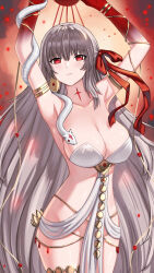 Rule 34 | 1girl, armlet, armpits, arms up, bare shoulders, belly chain, blush, body markings, bracelet, breasts, cleavage, collarbone, colored skin, durga (fate), earrings, facial mark, fate/grand order, fate (series), forehead mark, gradient skin, grey hair, hair ribbon, highres, jewelry, large breasts, long hair, looking at viewer, pelvic curtain, red skin, revealing clothes, ribbon, sash, shinsaku (stan-art), snake, solo, thighs, very long hair