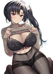 Rule 34 | 1girl, black bra, black hair, black panties, blush, bra, breasts, cleavage, clothes lift, commentary request, covered navel, gakkou de seishun!, gusset, hair ornament, hair ribbon, high-waist pantyhose, highres, kamino saori, large breasts, lifted by self, long sleeves, looking at viewer, panties, pantyhose, red eyes, ribbon, sanshoku amido, side ponytail, simple background, thighband pantyhose, underwear, unworn clothes, white ribbon