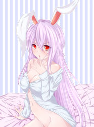 Rule 34 | 1girl, alternate costume, animal ears, arm support, bare shoulders, bottomless, breasts, rabbit ears, cleavage, collarbone, dress shirt, finger to mouth, light purple hair, long hair, long sleeves, looking at viewer, misumo, naked shirt, navel, no bra, off shoulder, on bed, pink hair, red eyes, reisen udongein inaba, shirt, sitting, slit pupils, solo, striped, striped background, touhou, vertical stripes, very long hair