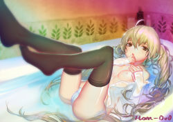 1girl absurdres bath bathtub blonde_hair blurry breasts brown_eyes cameltoe dress_shirt female_focus han-0v0 highres long_hair nipples open_clothes open_shirt original panties partially_submerged shiny_skin shirt small_breasts solo thighhighs underwear