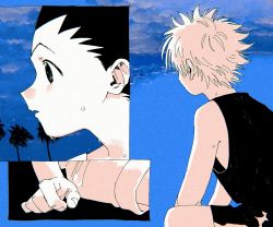 Rule 34 | 2boys, cloud, gon freecss, greyscale, highres, hunter x hunter, killua zoldyck, male focus, monochrome, multiple boys, open mouth, outdoors, parted lips, shorts, sitting, sky, spiked hair, sweat, tank top, toripippi 7, tree