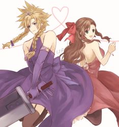 Rule 34 | 1boy, 1girl, aerith gainsborough, braid, brown hair, buster sword, closed mouth, cloud strife, commentary request, crossdressing, earrings, final fantasy, final fantasy vii, green eyes, jewelry, long hair, looking at viewer, pantyhose, sasanomesi, simple background, smile, sword, thighhighs, tiara, twin braids, wall market, weapon, white background