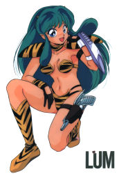 Rule 34 | 1980s (style), 1girl, absurdres, animal print, armor, artist request, bikini, blue eyes, boots, bridgeless bra, character name, choker, cone horns, eyeshadow, fang, full body, gloves, green hair, gun, hand on own thigh, highres, horns, knee boots, leg holster, long hair, lum, makeup, navel, official art, oldschool, oni, open mouth, pauldrons, retro artstyle, scan, shoulder armor, simple background, solo, squatting, strapless, strapless bikini, swimsuit, tiger print, tiger stripes, urusei yatsura, weapon, white background