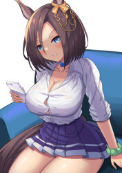 Rule 34 | 1girl, air groove (umamusume), alternate costume, animal ears, blue choker, blue collar, blue eyes, breasts, brown hair, choker, cleavage, collar, collarbone, commentary request, ear ornament, grin, highres, holding, holding phone, horse ears, horse girl, horse tail, large breasts, phone, pleated skirt, purple skirt, short hair, simple background, skirt, sleeves rolled up, smile, solo, tail, umamusume, white background, yuutopia