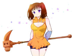 Rule 34 | 10s, 1girl, arms behind back, bare shoulders, bike shorts, blush, breasts, brown hair, cleavage, cleavage cutout, clothing cutout, cowboy shot, diane (nanatsu no taizai), dress, elbow gloves, female focus, fingerless gloves, gloves, hammer, head tilt, holding, holding weapon, large breasts, light smile, looking at viewer, nanatsu no taizai, pleated dress, polearm, purple eyes, short dress, short hair, short twintails, shorts, shorts under dress, shorts under skirt, single elbow glove, smile, solo, standing, star (symbol), tattoo, thigh gap, tsukim7, turtleneck, twintails, weapon, white background