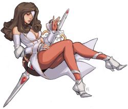 Rule 34 | 1girl, bare shoulders, beatrix, breasts, brown eyes, brown hair, cleavage, eyepatch, final fantasy, final fantasy ix, full body, large breasts, long hair, parted lips, solo, sword, weapon