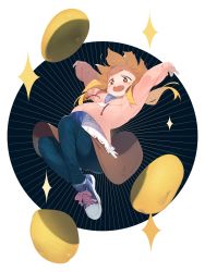 Rule 34 | 1girl, amrkdrw, blue pants, blush, circle, commentary, denim, fang, food, forehead, from below, full body, highres, hood, hood down, hoodie, jeans, jumping, long sleeves, ootani-san, open mouth, pants, pink hoodie, potato, red eyes, shirt, shoes, sneakers, solo, sparkle, taberu ootani-san, virtual youtuber, white shirt