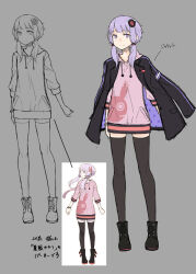 Rule 34 | 1girl, a.i. voice, arms at sides, ayakura juu, black footwear, black jacket, black shorts, black thighhighs, boots, bracelet, character sheet, closed mouth, collared shirt, commentary request, concept art, full body, grey background, hair ornament, jacket, jacket on shoulders, jewelry, looking at viewer, multicolored clothes, multicolored jacket, official art, pink shirt, purple eyes, purple hair, purple jacket, shirt, short hair with long locks, short shorts, shorts, simple background, sleeveless, sleeveless shirt, smile, thighhighs, two-tone jacket, voiceroid, yuzuki yukari, yuzuki yukari (a.i. voice), zettai ryouiki