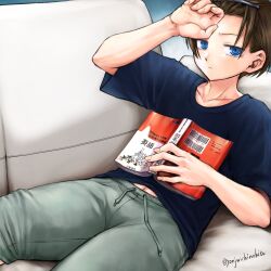 Rule 34 | 1boy, arm up, blue skirt, boku no kokoro no yabai yatsu, book, brown hair, closed mouth, collarbone, couch, forehead, green shorts, hand on own forehead, highres, holding, holding book, ichikawa kyoutarou, looking at viewer, lying, male focus, navel, on back, on couch, ringed eyes, shijuuichi, short hair, shorts, skirt, solo, twitter username