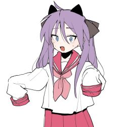 Rule 34 | 1girl, :d, black bow, blue eyes, bow, ddari, fang, hair between eyes, hair bow, hiiragi kagami, long hair, long sleeves, looking at viewer, lucky star, neckerchief, open mouth, pink neckerchief, pink sailor collar, pink skirt, purple hair, sailor collar, school uniform, serafuku, shirt, simple background, skirt, sleeves past fingers, sleeves past wrists, smile, solo, sweat, twintails, white background, white shirt