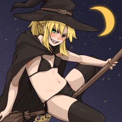 Rule 34 | 1girl, bikini, bikini under clothes, black bikini, black cape, black hat, black thighhighs, blonde hair, blush, breasts, broom, broom riding, cape, covered erect nipples, crescent moon, crotch rub, dated, fate/apocrypha, fate/grand order, fate (series), green eyes, grin, guman project, hat, highres, looking at viewer, moon, mordred (fate), mordred (fate/apocrypha), night, outdoors, paid reward available, panties, pink nails, pussy juice, side-tie bikini bottom, side-tie panties, signature, sky, small breasts, smile, solo, star (sky), starry sky, swimsuit, thighhighs, underwear, witch, witch hat