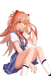 Rule 34 | 1girl, absurdres, arm support, artist request, blouse, blue eyes, bow, bowtie, breasts, highres, interface headset, long hair, looking at viewer, medium breasts, neon genesis evangelion, orange hair, red bow, red bowtie, school uniform, shirt, simple background, sitting, skirt, socks, solo, souryuu asuka langley, suspender skirt, suspenders, tokyo-3 middle school uniform, two side up, upper body, very long hair, white background, white shirt, white socks