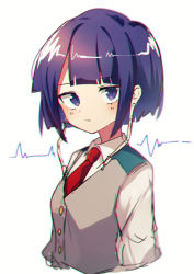Rule 34 | 1girl, blue eyes, blue hair, blunt bangs, boku no hero academia, buttons, cardiogram, chromatic aberration, closed mouth, collared shirt, expressionless, grey vest, jirou kyouka, jitome, looking at viewer, moshihimechan, necktie, red necktie, shirt, short hair, sidelocks, simple background, sketch, solo, upper body, vest, white background, white shirt