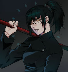 Rule 34 | 1girl, black background, black hair, blunt bangs, breasts, clenched teeth, commentary, commission, english commentary, eriimyon, fingernails, highres, jujutsu kaisen, jujutsu tech uniform, looking at viewer, medium breasts, over shoulder, polearm, ponytail, sidelocks, solo, teeth, twitter username, weapon, weapon over shoulder, yellow eyes, zenin maki
