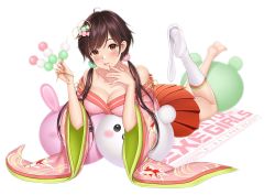 Rule 34 | 1girl, bare shoulders, barefoot, blush, breasts, brown eyes, brown hair, cleavage, collarbone, commentary, dango, eating, feet, fingernails, food, full body, hair ornament, highres, holding, japanese clothes, large breasts, logo, long hair, looking at viewer, loose thighhigh, lying, no shoes, official art, on stomach, pleated skirt, re:shimashima, sanshoku dango, simple background, skirt, solo, thighhighs, tokyo exe girls, wagashi, white background, white thighhighs, wide sleeves