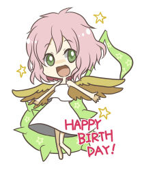 Rule 34 | 1girl, angel, angel wings, bambi-pix, chibi, dress, full body, green eyes, happy birthday, harpy (puyopuyo), highres, looking at viewer, madou monogatari, musical note, open mouth, pink hair, puyopuyo, short hair, simple background, smile, standing, standing on one leg, star (symbol), white background, white dress, wings, yellow wings