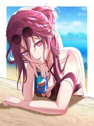 Rule 34 | 1girl, bare shoulders, bikini, black bikini, braid, brand name imitation, breasts, can, cleavage, collarbone, commentary, drink can, english commentary, eyewear on head, front braid, hair between eyes, head rest, highres, holding, holding can, honkai: star rail, honkai (series), kafka (honkai: star rail), large breasts, leaning on object, long hair, looking at viewer, nail polish, nyeppu, ocean, outline, pepsi, pink pupils, purple eyes, purple hair, purple nails, red lips, round eyewear, smile, soda can, solo, sunglasses, swimsuit, symbol-shaped pupils, table, twitter username, upper body, wallpaper, white outline, wooden table
