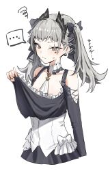Rule 34 | ..., 1girl, absurdres, arknights, azur lane, bare shoulders, black dress, blush, choker, clothing cutout, commentary, cosplay, dress, formidable (azur lane), formidable (azur lane) (cosplay), grey eyes, grey hair, highres, horn/wood, irene (arknights), long hair, looking at viewer, shoulder cutout, simple background, solo, spoken ellipsis, twintails, upper body, white background, white choker