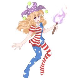 Rule 34 | 1girl, american flag dress, american flag legwear, blonde hair, clownpiece, collar, dress, fairy wings, frilled collar, frilled shirt collar, frills, hat, jandare, jester cap, long hair, looking at viewer, open mouth, pantyhose, red eyes, short sleeves, simple background, smile, solo, star (symbol), striped clothes, striped dress, striped pantyhose, torch, touhou, wings