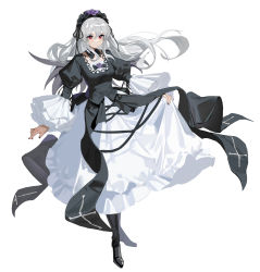 Rule 34 | 1girl, absurdres, black dress, black footwear, black nails, boots, breasts, closed mouth, detached collar, dress, flower, full body, grey hair, hairband, highres, juliet sleeves, knee boots, layered dress, lolita hairband, long hair, long sleeves, looking at viewer, medium breasts, nail polish, puffy sleeves, purple flower, purple rose, red eyes, rose, rosehip t72, rozen maiden, simple background, skirt hold, solo, standing, suigintou, two-tone dress, very long hair, white background, white dress