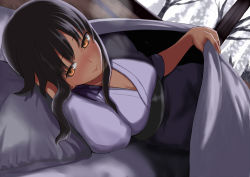 Rule 34 | 1girl, bad id, bad pixiv id, blush, breasts, brown eyes, brown hair, cleavage, futon, goji (five clock), japanese clothes, lifting covers, looking at viewer, lying, smile, solo, strike witches, strike witches: kurenai no majo-tachi, takei junko, under covers, world witches series