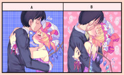 Rule 34 | 1boy, 1girl, = =, bad id, bad pixiv id, black hair, blonde hair, bow, closed eyes, couple, crystal, flandre scarlet, french kiss, hat, hat bow, heart, heart background, height difference, hetero, hug, kiss, nukaji (kuromahou kenkyuujo), touhou, translation request, wings, wrist cuffs