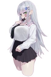 Rule 34 | 1girl, absurdres, black bra, black necktie, black skirt, blush, bra, bra visible through clothes, breasts, collarbone, cropped legs, eonsang, facial mark, girls&#039; frontline, green eyes, hair ornament, hairclip, highres, hk416 (girls&#039; frontline), large breasts, long sleeves, looking at viewer, mask, mask pull, mouth mask, necktie, shirt, simple background, skirt, solo, teardrop facial mark, underwear, white background, white hair, white shirt