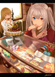 Rule 34 | 2girls, absurdres, aqua eyes, aqua skirt, blonde hair, blue eyes, blurry, blush, cake, chevalier d&#039;eon (fate), depth of field, eating, fate/grand order, fate (series), food, formal, from above, fruit, hair between eyes, highres, indoors, jacket, long hair, looking at viewer, marie antoinette (fate), multiple girls, pastry, perspective, plate, red jacket, sidelocks, silver hair, sitting, skirt, skirt set, smile, strawberry, sweater, white sweater, window, yatsuka (846)
