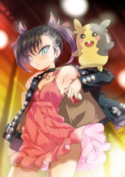Rule 34 | 1girl, armpits, black choker, black hair, black jacket, black nails, blurry, blush, breasts, choker, closed mouth, contrapposto, cowboy shot, creatures (company), depth of field, dress, earrings, game freak, gen 8 pokemon, green eyes, hair ribbon, highres, holding, holding poke ball, jacket, jewelry, looking at viewer, marnie (pokemon), morpeko, nail polish, nintendo, off shoulder, open clothes, open jacket, pink dress, poke ball, poke ball (basic), pokemon, pokemon (creature), pokemon swsh, porurin, red ribbon, ribbon, short hair, small breasts, standing