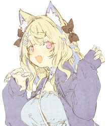 1girl abara_heiki animal_ears belt_bag black_bow blonde_hair blue_hair blue_jacket blue_nails blue_shirt blush bow braid breasts choker collarbone dog_ears dog_girl fang fuwawa_abyssgard fuwawa_abyssgard_(casual) hair_bow hair_ornament hairpin hands_up hololive hololive_english jacket looking_at_viewer medium_breasts multicolored_hair official_alternate_costume open_mouth shirt streaked_hair upper_body virtual_youtuber white_background x_hair_ornament